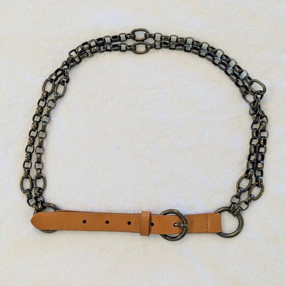 DONCASTER Leather & Antique Bronze Chain Belt L Orange Brown Made in Italy - Picture 4 of 10